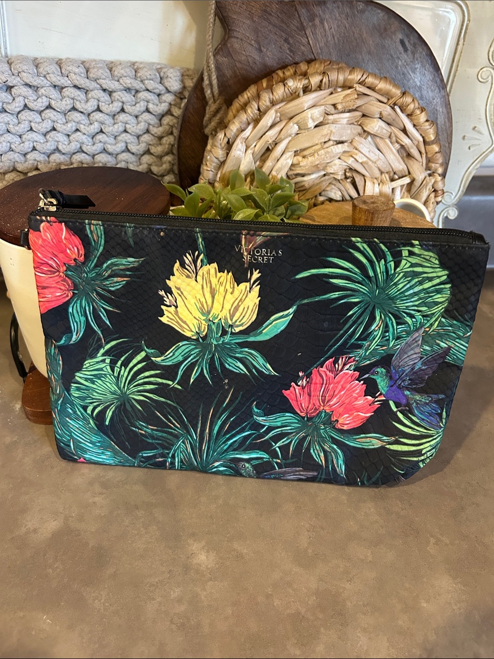 Victoria's Secret Black Tropical Floral Cosmetic Pouch with Hummingbird Accent